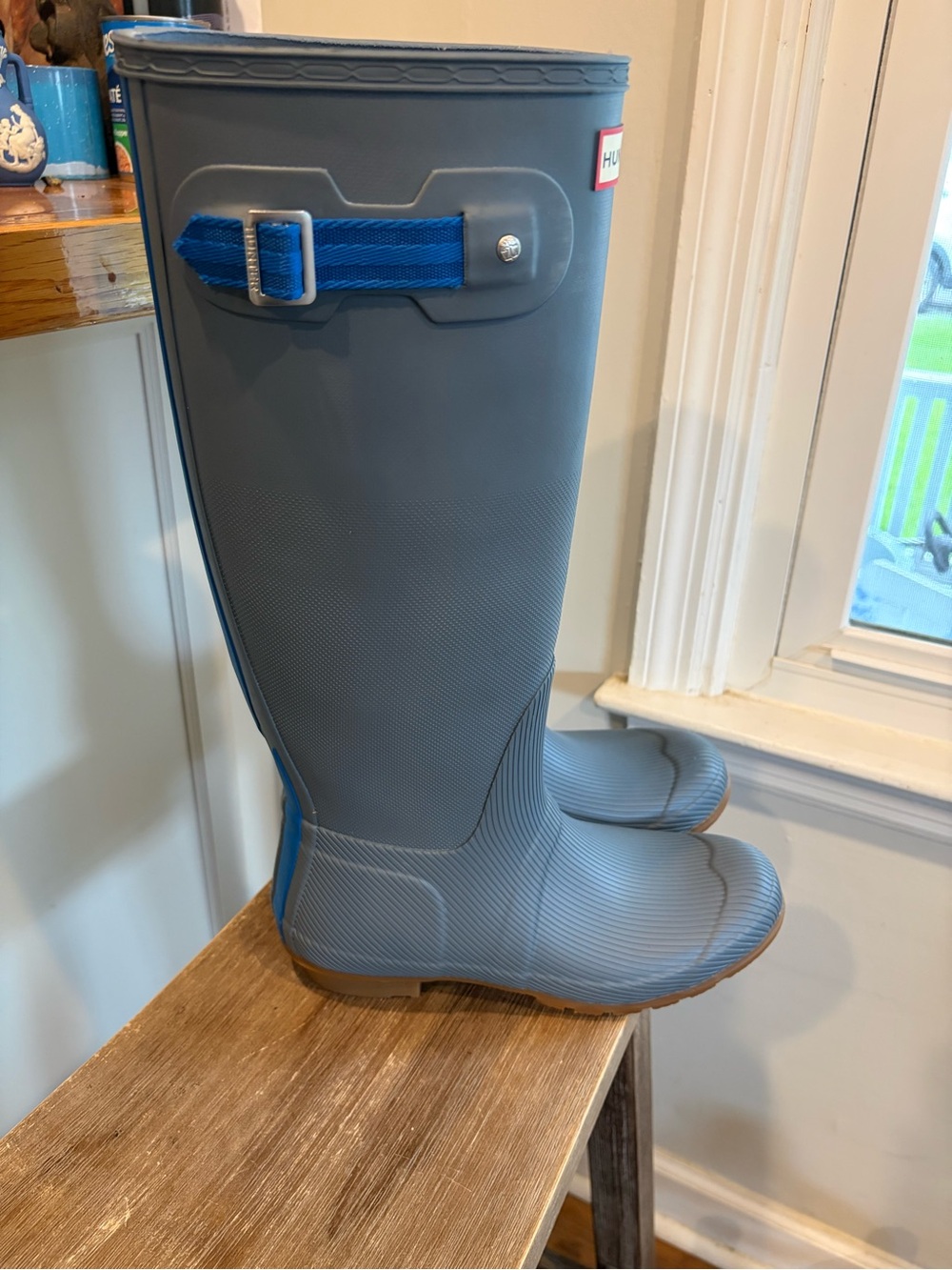 Hunter Original Stripe tall Rain Boots new gray blue